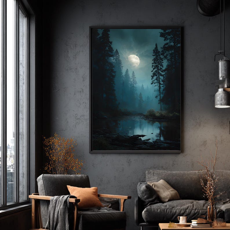 Misty Forest Lake Painting Print | Floral Landscape Wall Art - Etsy