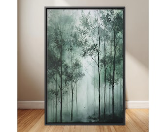 Mysterious Foggy Forest Landscape Art Print | Moody Woodland Wall Decor