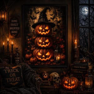 Stacked Jack O Lantern Wall Art, Gothic Halloween Pumpkin Print