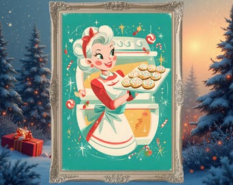 Retro Christmas Baking Print | Vintage 1950s Holiday Kitchen Decor | Classic Xmas Wall Art