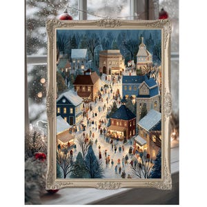 ノスタルジックなクリスマスアート | ヴィンテージな雪景色の村のプリント | レトロなホリデーシーンの壁飾り