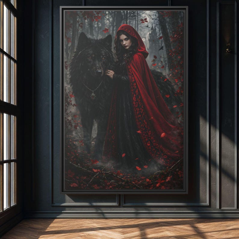 Dark Red Riding Hood With Wolf | Gothic Forest Wall Art - Etsy
