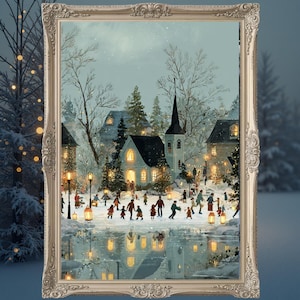 Vintage Snowy Village Print: Retro Christmas Scene
