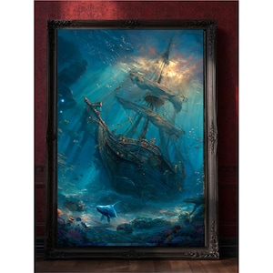 May include: A framed artwork showing a shipwreck beneath the sea. The ship is a dark brown colour with torn sails, set against blue water and marine life. A whale swims nearby. The frame is black with decorative detailing.
