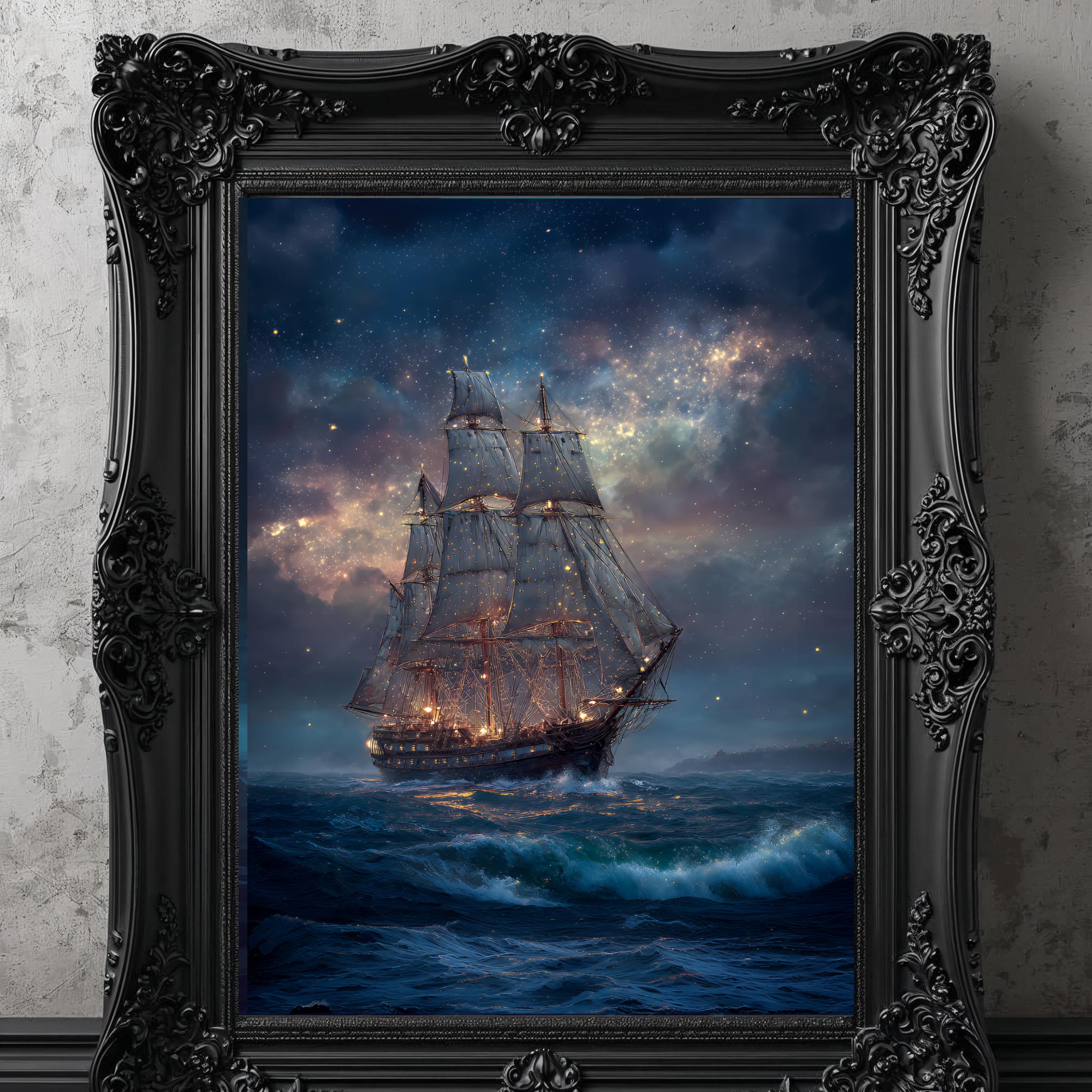 Sailing Ship at Night Print | Stormy Sea, Starry Sky, Nautical Wall Art ...
