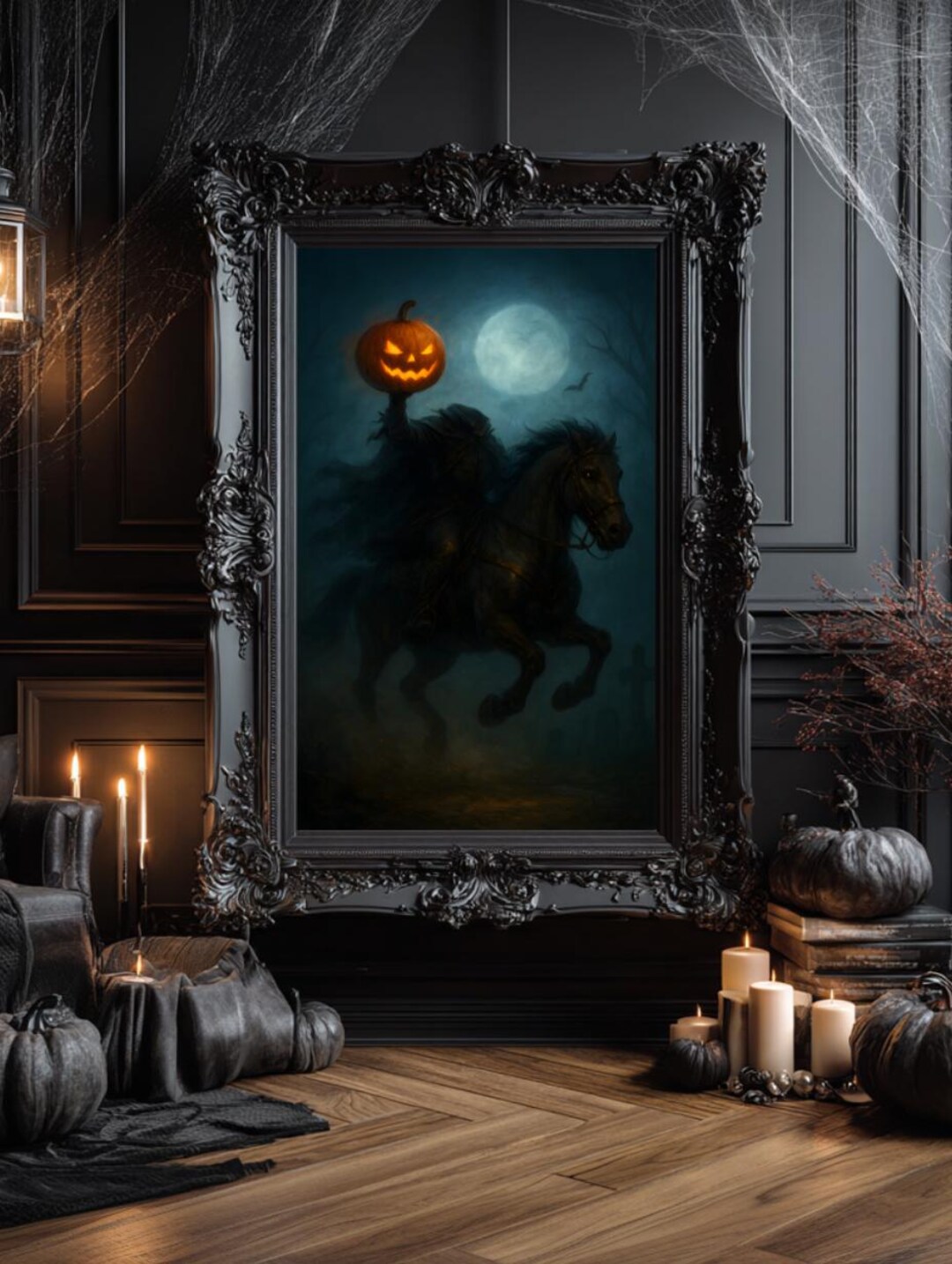 The Headless Horseman Painting Print, Spooky Pumpkin Rider, Dark Eerie ...
