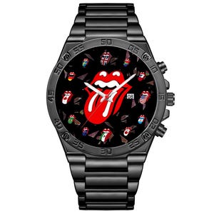 May include: A black stainless steel wristwatch with a black dial featuring a large red and white tongue logo in the center. The dial is decorated with smaller tongue logos patterned with various national flags. It has white hands and a date window.