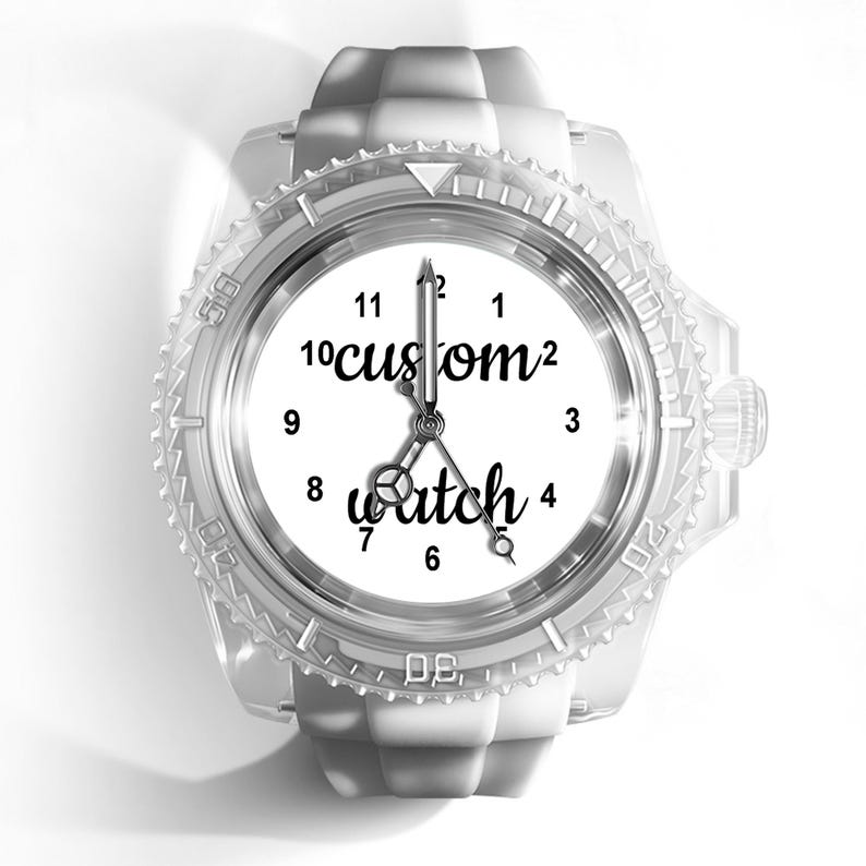 May include: A white wristwatch with a translucent casing and strap. The watch face features black numerals from 1 to 12, with the text "custom" and "watch" printed in a black script font in the center. It has silver-toned hour, minute, and second hands.