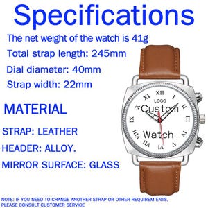 May include: A wristwatch with a brown leather strap and a silver alloy case. The white dial features black Roman numerals, the text 'LOGO', 'Custom', and 'Watch', and a red second hand. Specifications include a 41g weight, 245mm strap length, 40mm dial, and 22mm width.