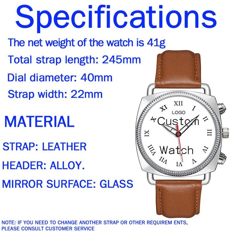 May include: A wristwatch with a brown leather strap and a silver alloy case. The white dial features black Roman numerals, the text 'LOGO', 'Custom', and 'Watch', and a red second hand. Specifications include a 41g weight, 245mm strap length, 40mm dial, and 22mm width.