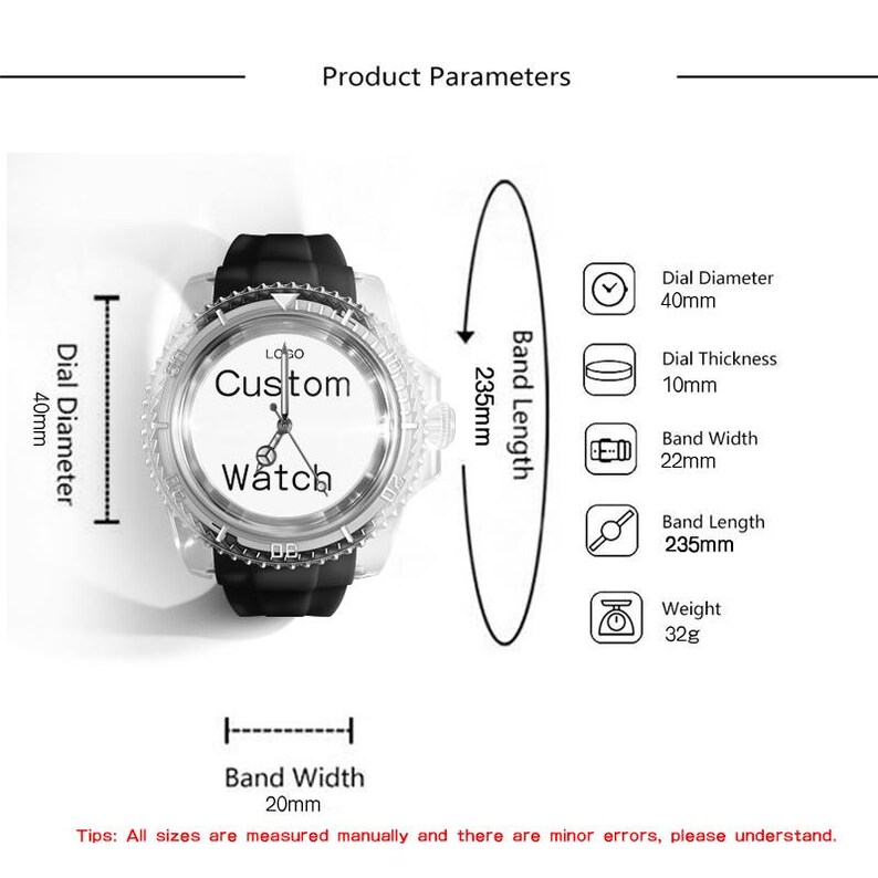 May include: A black wristwatch with a white dial featuring the text Custom Watch and Logo. Technical specifications include a 40mm dial diameter, 10mm dial thickness, 22mm band width, 235mm band length, and a total weight of 32g. The image includes labels.