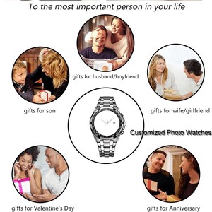 K&ouml;nnte beinhalten: Eine silberfarbene Armbanduhr mit leerem wei&szlig;em Zifferblatt, umgeben von kreisf&ouml;rmigen Fotoeins&auml;tzen, die Menschen beim Geschenkeaustausch zeigen. Der Text umfasst "To the most important person in your life", "gifts for husband/boyfriend", "gifts for son", "gifts for wife/girlfriend", "gifts for Valentine's Day", "gifts for Anniversary" und "Customized Photo Watches".