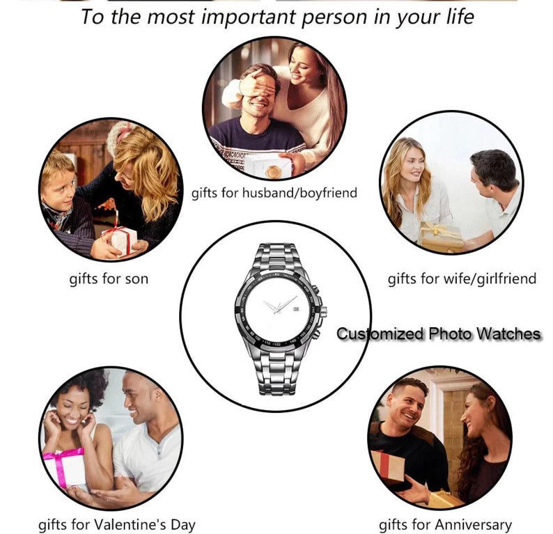 K&ouml;nnte beinhalten: Eine silberfarbene Armbanduhr mit leerem wei&szlig;em Zifferblatt, umgeben von kreisf&ouml;rmigen Fotoeins&auml;tzen, die Menschen beim Geschenkeaustausch zeigen. Der Text umfasst "To the most important person in your life", "gifts for husband/boyfriend", "gifts for son", "gifts for wife/girlfriend", "gifts for Valentine's Day", "gifts for Anniversary" und "Customized Photo Watches".