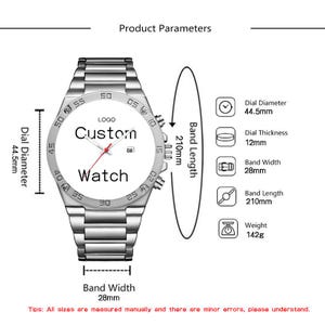 May include: A silver-tone metal wristwatch with a white dial featuring the text 'Custom Watch' and 'LOGO'. Specifications include a 44.5mm dial diameter, 12mm thickness, 28mm band width, 210mm band length, and a total weight of 142g as shown in the diagram.