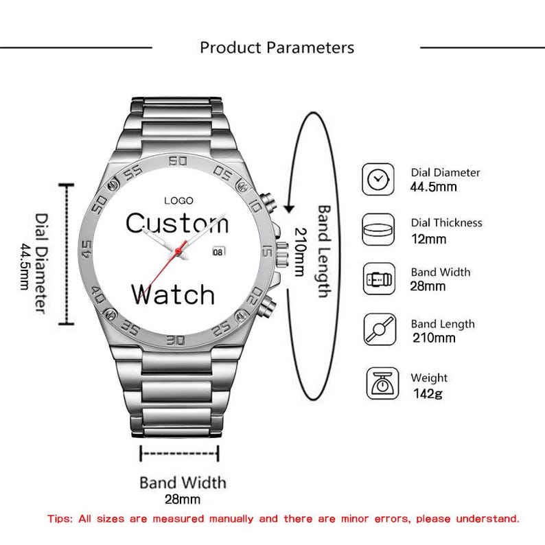 May include: A silver-tone metal wristwatch with a white dial featuring the text 'Custom Watch' and 'LOGO'. Specifications include a 44.5mm dial diameter, 12mm thickness, 28mm band width, 210mm band length, and a total weight of 142g as shown in the diagram.