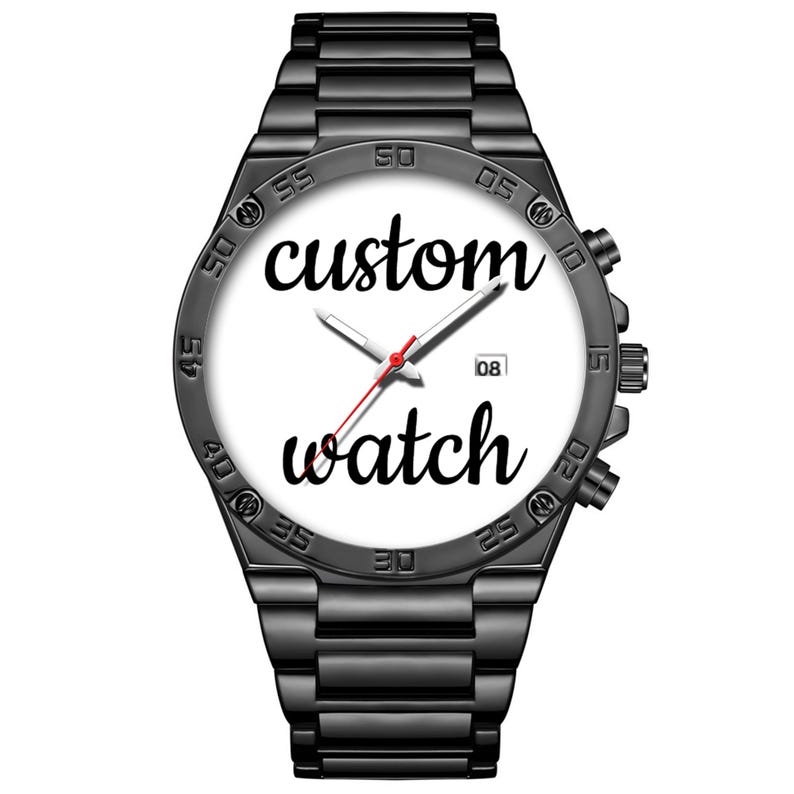 May include: A black metal wristwatch with a white dial featuring the black text custom watch in a cursive font. The watch has silver hour and minute hands, a thin red second hand, and a small date window displaying the number 08 on the right side.