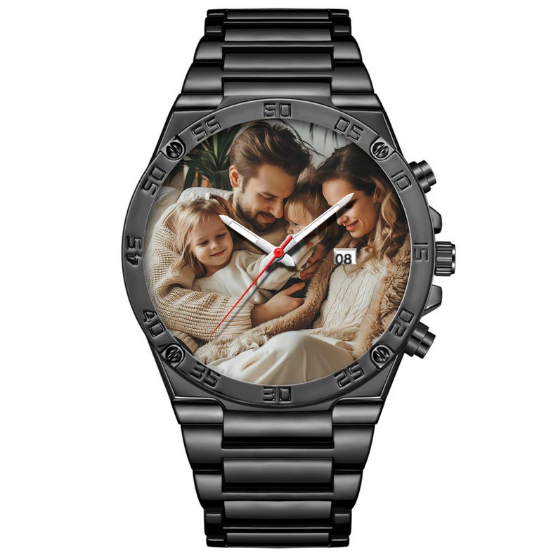 May include: A black metal wristwatch with a link band and a circular face featuring a custom photograph of a family. The watch dial displays white hour and minute hands, a thin red second hand, and a small date window showing the number 08.