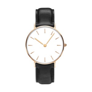 May include: A wristwatch featuring a round rose gold case with a clean white dial, thin rose gold hour and minute hands, and simple line markers. The watch is attached to a smooth black leather strap with visible stitching and a metal buckle.