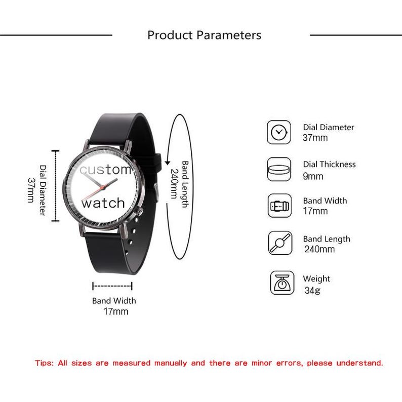 Pode incluir: Um rel&oacute;gio de pulso preto com mostrador branco e o texto custom watch. As especifica&ccedil;&otilde;es t&eacute;cnicas incluem um di&acirc;metro de mostrador de 37mm, espessura de 9mm, largura de pulseira de 17mm, comprimento de 240mm e um peso total de 34 gramas.