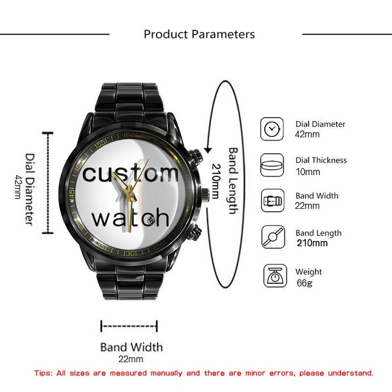May include: A black metal wristwatch with a white dial featuring the text custom watch. Technical specifications include a 42mm dial diameter, 10mm thickness, 22mm band width, 210mm band length, and a total weight of 66g as shown in the diagram.