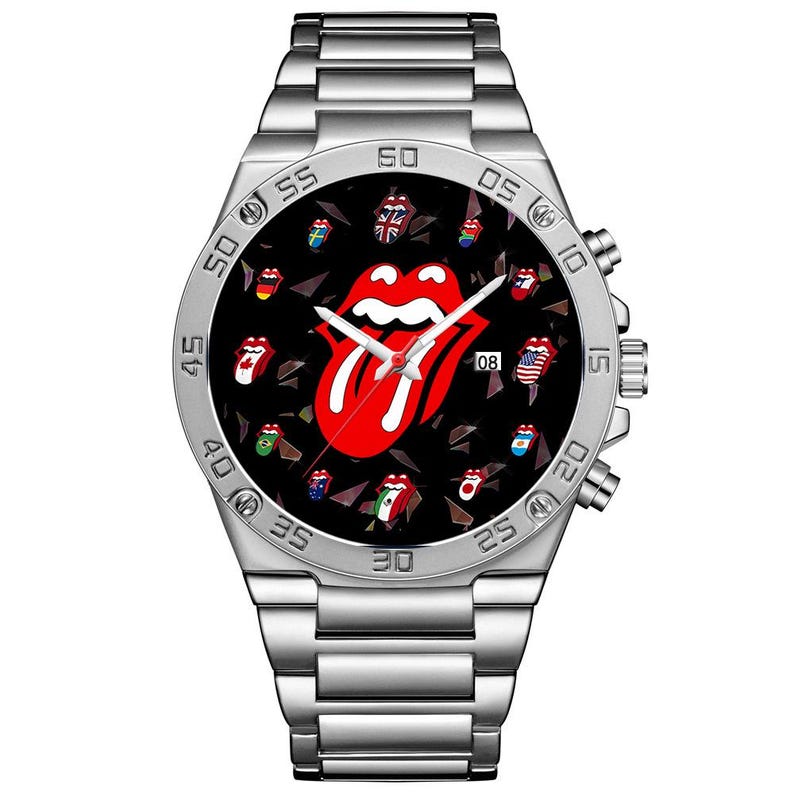 May include: A silver-tone stainless steel analog wristwatch with a black dial featuring a large red and white tongue logo in the center. Smaller tongue logos with various national flag patterns are scattered across the dial. It has a date window.