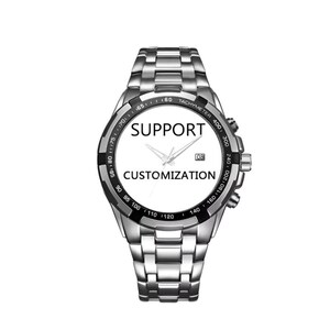 K&ouml;nnte beinhalten: Eine silberfarbene Armbanduhr aus Edelstahl mit wei&szlig;em Zifferblatt und dem schwarzen Schriftzug SUPPORT CUSTOMIZATION. Die Uhr verf&uuml;gt &uuml;ber eine schwarze Tachymeter-L&uuml;nette, silberne Zeiger, ein Datumsfenster auf der Drei-Uhr-Position und ein Gliederarmband.