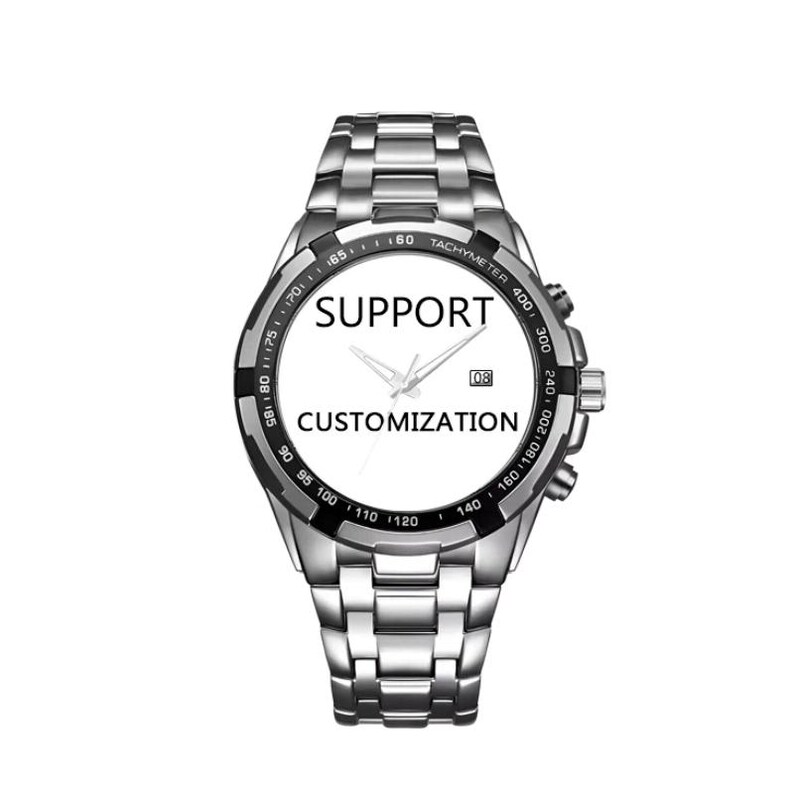K&ouml;nnte beinhalten: Eine silberfarbene Armbanduhr aus Edelstahl mit wei&szlig;em Zifferblatt und dem schwarzen Schriftzug SUPPORT CUSTOMIZATION. Die Uhr verf&uuml;gt &uuml;ber eine schwarze Tachymeter-L&uuml;nette, silberne Zeiger, ein Datumsfenster auf der Drei-Uhr-Position und ein Gliederarmband.