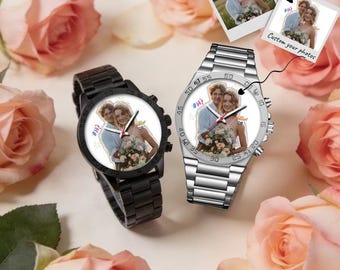 Unique watches for men and women, custom photo watches for couples, personalized photo dials, free customization, anniversary gifts