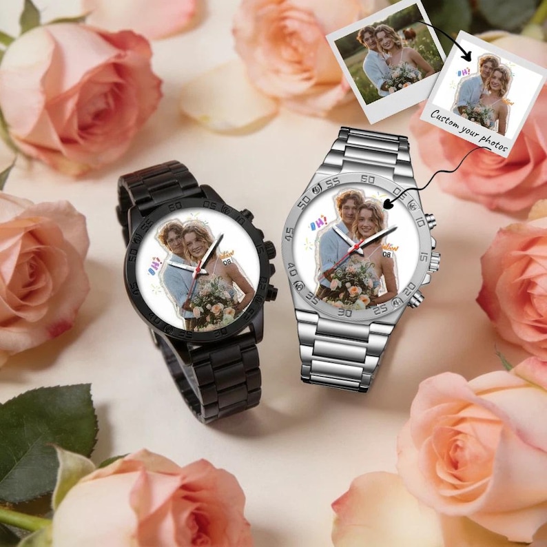 May include: Two wristwatches with metal link bands, one in matte black and one in silver. Each watch face features a custom printed photograph of a couple holding a bouquet of flowers. The silver watch includes a small label reading Custom your photos.
