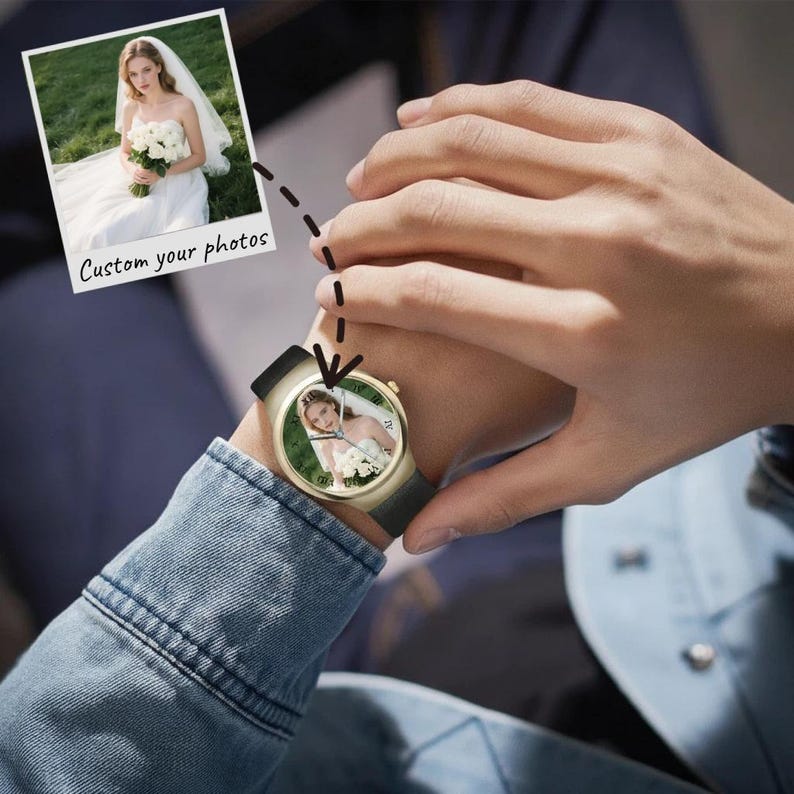 May include: A gold-tone analogue wristwatch with a black silicone strap featuring a custom circular photograph of a bride in a white wedding dress holding a bouquet on the watch face. A small inset photo shows the same image with the text Custom your photos.