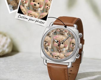 Personalized photo watch faces, custom photo leather watches, unique gifts for your husband or wife, perfect for anniversaries.