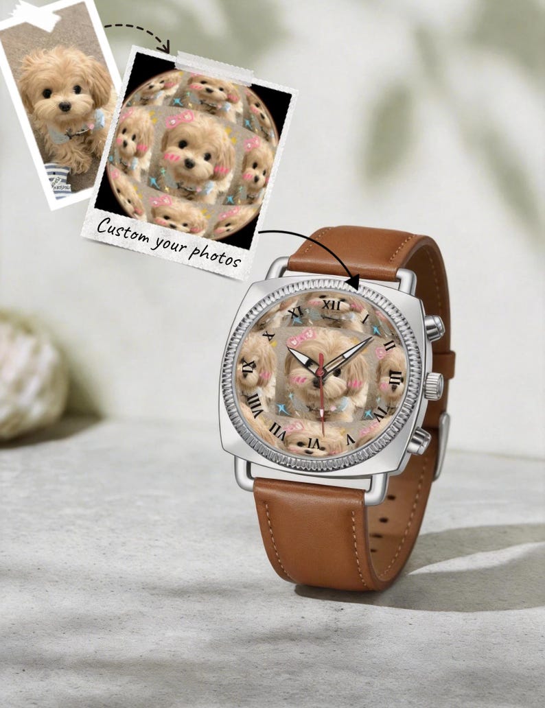 May include: A wristwatch with a brown leather strap and a silver square case. The watch face features a custom collage of a small, light-colored puppy with pink cheeks and blue accents. The text Custom your photos appears above the watch.