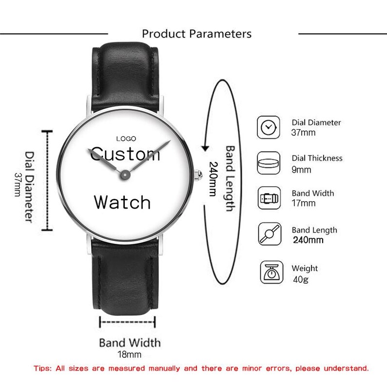 May include: A wristwatch with a black leather strap and a silver-tone case. The white dial features the text 'LOGO Custom Watch' and thin hands. Technical specifications include a 37mm dial diameter, 9mm thickness, 17mm band width, 240mm length, and 40g weight.