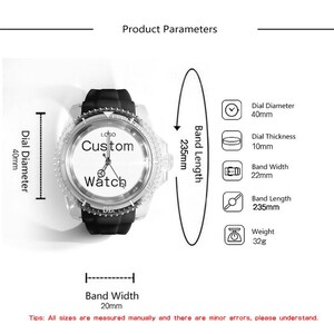 May include: A black wristwatch with a white dial featuring the text Custom Watch and Logo. Technical specifications include a 40mm dial diameter, 10mm dial thickness, 22mm band width, 235mm band length, and a total weight of 32g. The image includes labels.