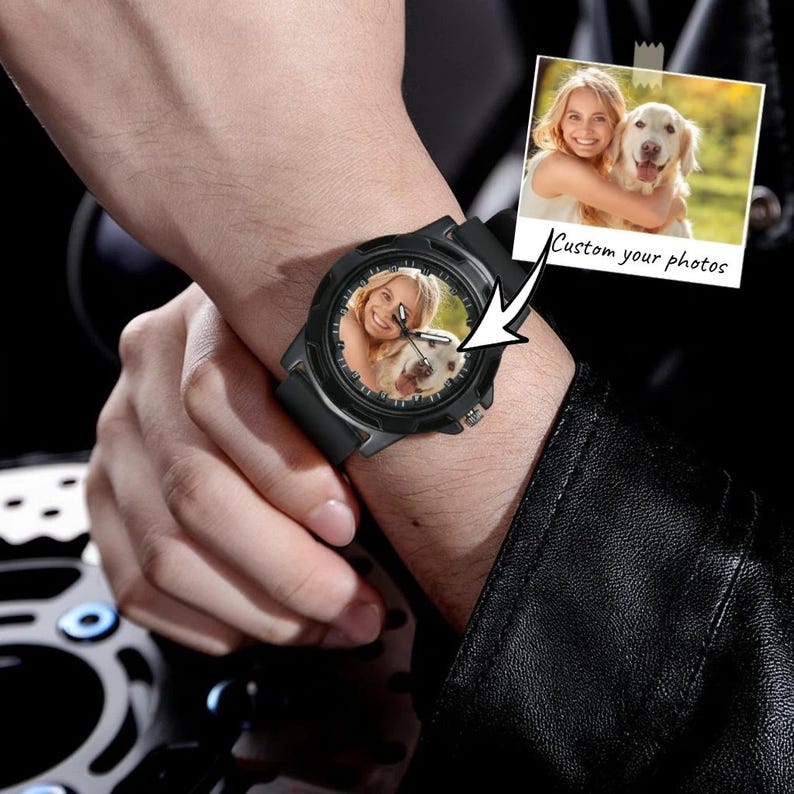 May include: A black analog wristwatch featuring a custom photo dial that displays a person hugging a golden retriever. The watch has a black silicone strap and a round black bezel. A small inset photo shows the same image with the text Custom your photos.