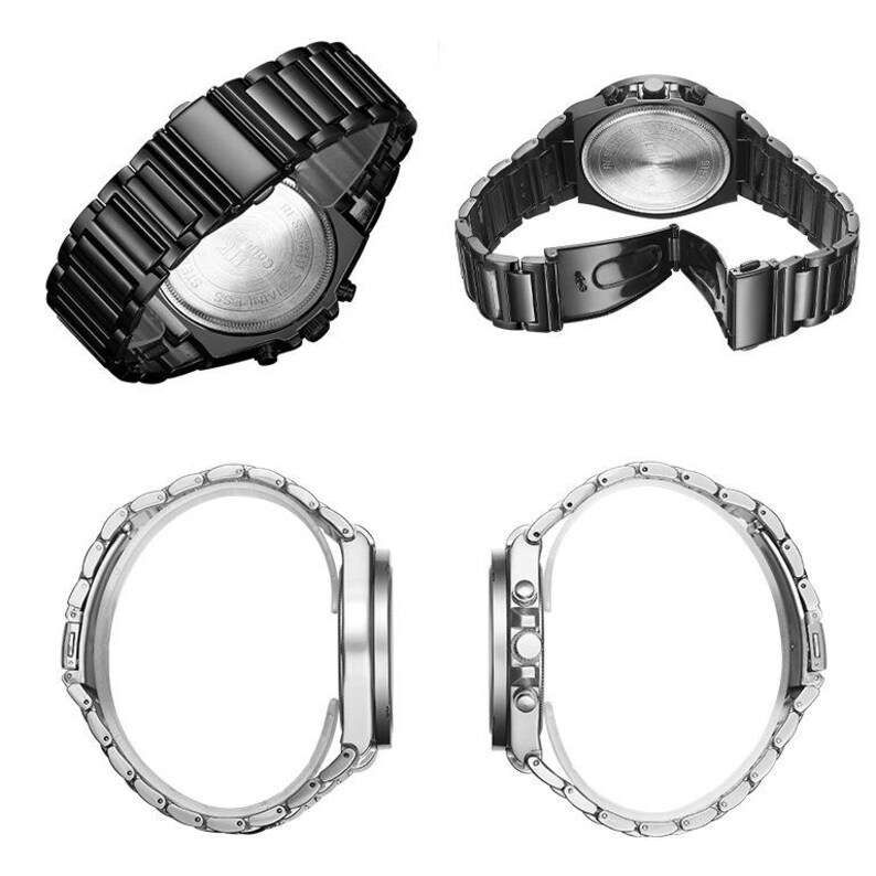 May include: A black stainless steel wristwatch featuring a link bracelet and a circular case. The watch is shown from multiple angles, including the back casing with engraved text, the open clasp mechanism, and side views of the crown and buttons.