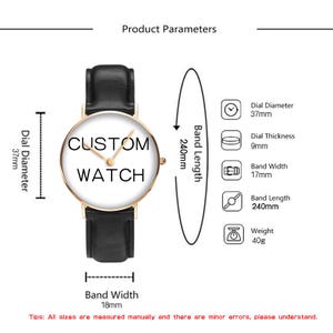 May include: A wristwatch with a black leather strap and a gold-tone case. The white dial features the text CUSTOM WATCH in black. Technical specifications include a 37mm dial diameter, 9mm thickness, 17mm band width, 240mm length, and 40g weight.