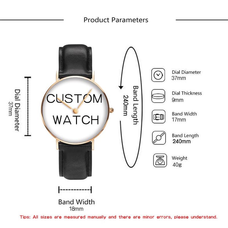 May include: A wristwatch with a black leather strap and a gold-tone case. The white dial features the text CUSTOM WATCH in black. Technical specifications include a 37mm dial diameter, 9mm thickness, 17mm band width, 240mm length, and 40g weight.