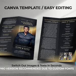 4.25x11&quot;  Memorial program (4 pages) Bi-fold | Black & Gold Funeral Obituary |Celebration of Life | Keepsake |Digital Download for Canva