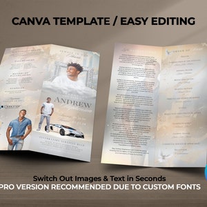 May include: A tri-fold funeral program template for Canva with a photo of a man in a white shirt and a black suit. The template features a white background with a gold and white marble design. The text on the template includes the name "Andrew", the dates "July 17, 2008" and "December 1, 2024", and the words "Celebration Service Held".