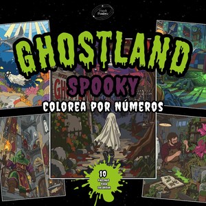 Puede incluir: Un libro de colorear por números Ghostland Spooky con portada negra, texto verde que gotea, una ilustración central de un fantasma en un bosque y cuatro paneles con un tiburón, un castillo, una persona con plantas y un dormitorio.