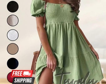 Relaxed Vacation Style Smocked Off-Shoulder Dress, Summer & Spring, Women's Fashion