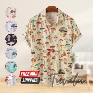 Mushroom Print Men's Spring and Summer Casual Button-Up Shirt, Artistic, Perfect for Festivals, BBQs, Summer Days, Magic mushrooms