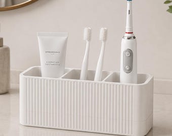 Modern Toothbrush Holder with Back Cord Slot | Bathroom Counter Organizer | Electric Toothbrush & Toothpaste Storage