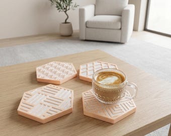 Set of 4 3D Printed Hexagonal Coasters | Geometric Modern Drink Coasters | Housewarming Gift