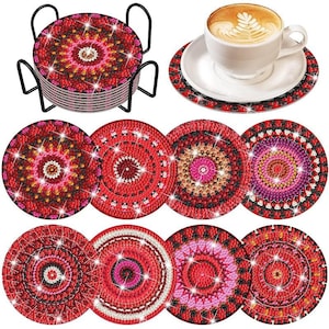 Sparkling Red 5D Diamond Art Coasters Assorted Round Arabesque Medallion Coasters DIY Diamond Coasters Kit With Holder