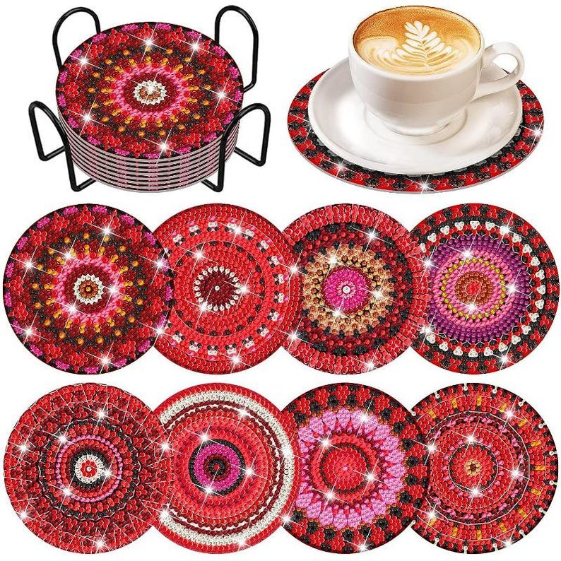 Sparkling Red 5D Diamond Art Coasters Assorted Round Arabesque Medallion Coasters DIY Diamond Coasters Kit With Holder