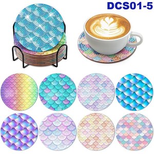 Beautiful 5D Diamond Art Coasters Assorted Round Waves/Fish Scale Coasters DIY Diamond Coasters Kit With Holder
