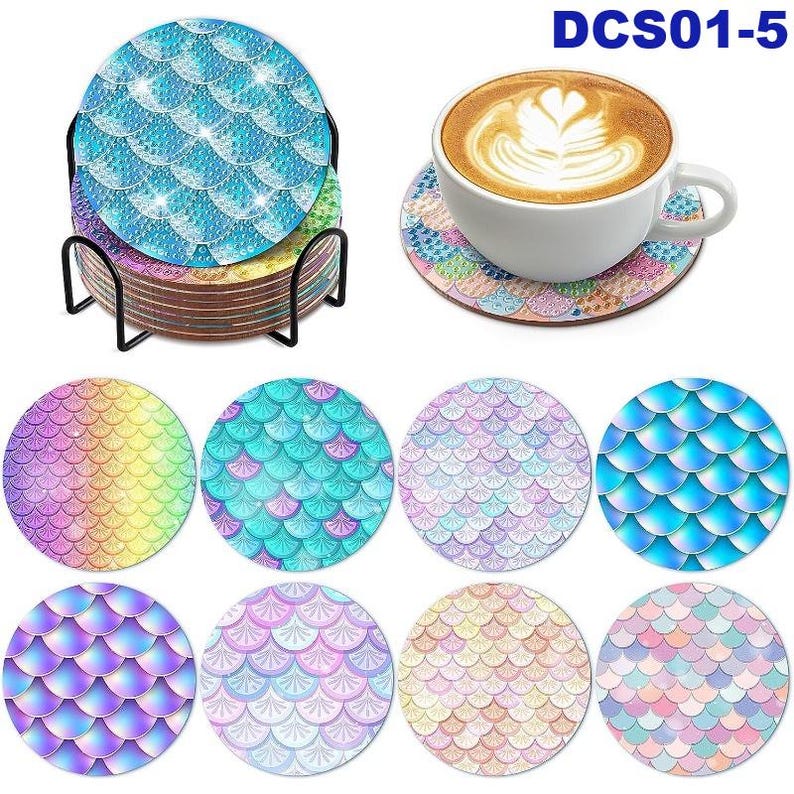 Beautiful 5D Diamond Art Coasters Assorted Round Waves/Fish Scale Coasters DIY Diamond Coasters Kit With Holder