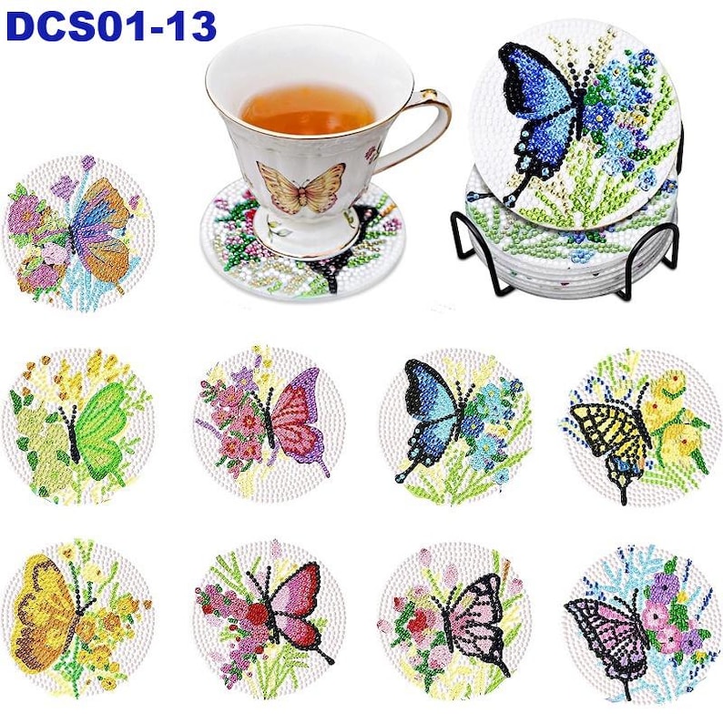 Beautiful 5D Diamond Art Coasters Assorted Butterfly and flowers Scenery Coasters DIY Diamond Coasters Kit With Holder
